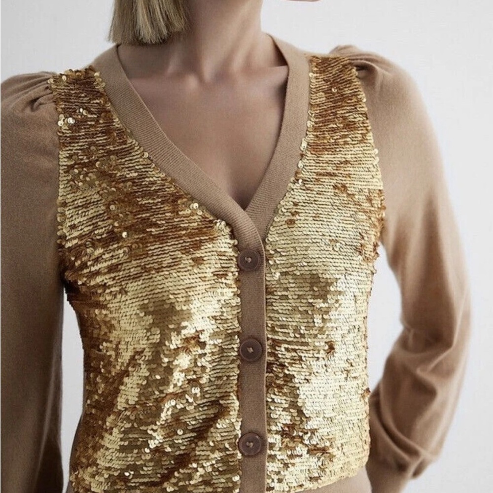 Express Gold Sequin Tan Cardigan